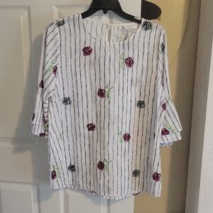 Janette Plus Sz1xl Cotton White Top Navy Stripe Embroidered floweres bell sleeve